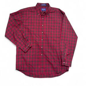 Sir Pendleton Red Black Tartan Plaid Fine Worsted Wool Button Shirt Large